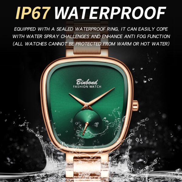 BINBOND Emerald Elegance Luxury Quartz Watch: A chic, minimalist wristwatch with an emerald green face.