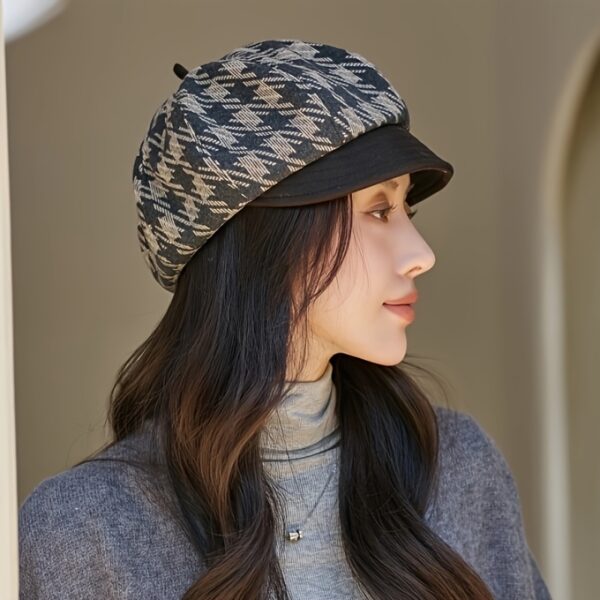 Elegant womens autumn winter beret in classic plaid design Small brim octagonal shape lightweight and comfortable Perfect for parties office or outings
