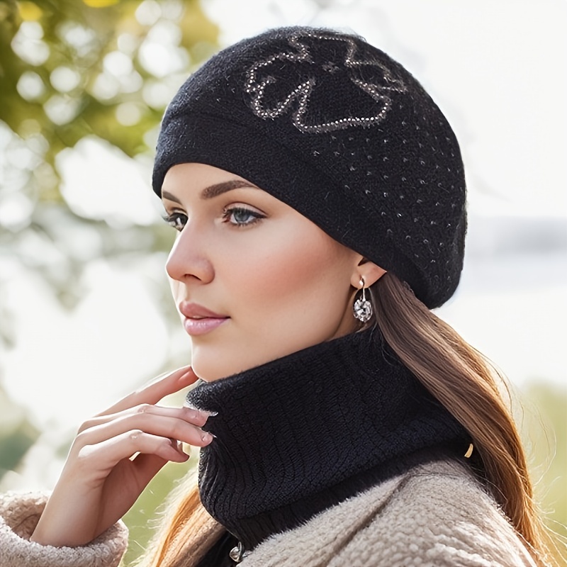 1pc Women'S Fashion Acrylic Beret with Floral Embellishment, Elastic Ear Warmer Knit Cap, Hand Washable, with Decorative Accessories, for Outdoor Activities, New Year, Christmas Gift