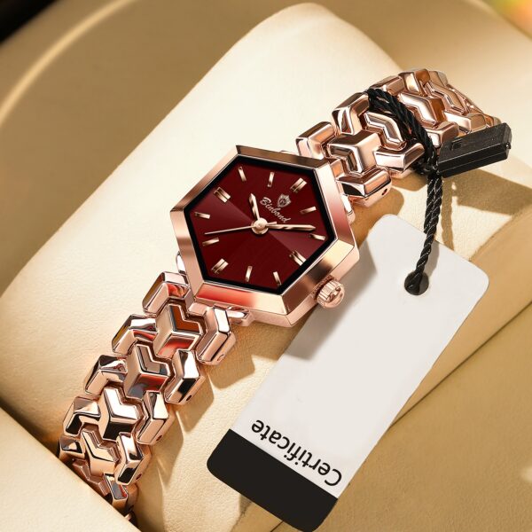 Newness Hexagonal Glamour Women's Quartz Watch: A close-up showcasing its hexagonal face and elegant design.