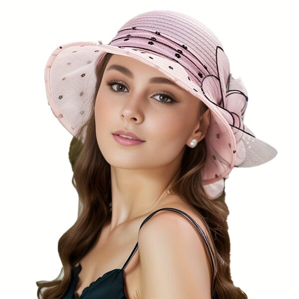 Ethereal Breeze Organza Bucket Hat: Breathable organza bucket hat in white with delicate lace trim and floral accents. Perfect for sun protection and effortless style.