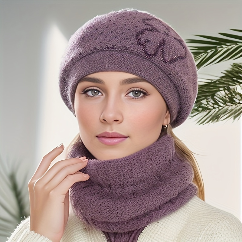 1pc Women'S Fashion Acrylic Beret with Floral Embellishment, Elastic Ear Warmer Knit Cap, Hand Washable, with Decorative Accessories, for Outdoor Activities, New Year, Christmas Gift