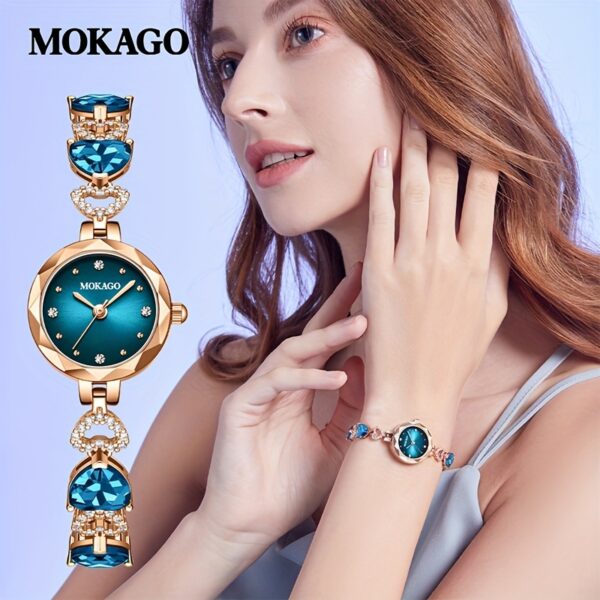 MKGO Blue Crystal Heart Watch for Women, close-up showcasing blue crystal heart bracelet and watch face details.