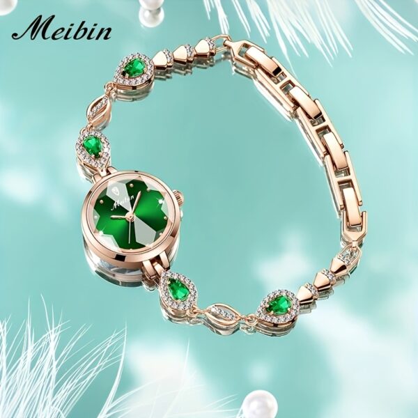 Close-up and lifestyle shots of the MeiBin M1708L women's quartz watch showcasing its round case, stainless steel band, and elegant design. The watch is shown on a model's wrist in various settings.