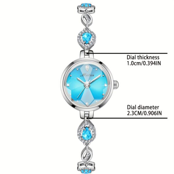 Close-up and lifestyle shots of the MeiBin M1708L women's quartz watch showcasing its round case, stainless steel band, and elegant design. The watch is shown on a model's wrist in various settings.