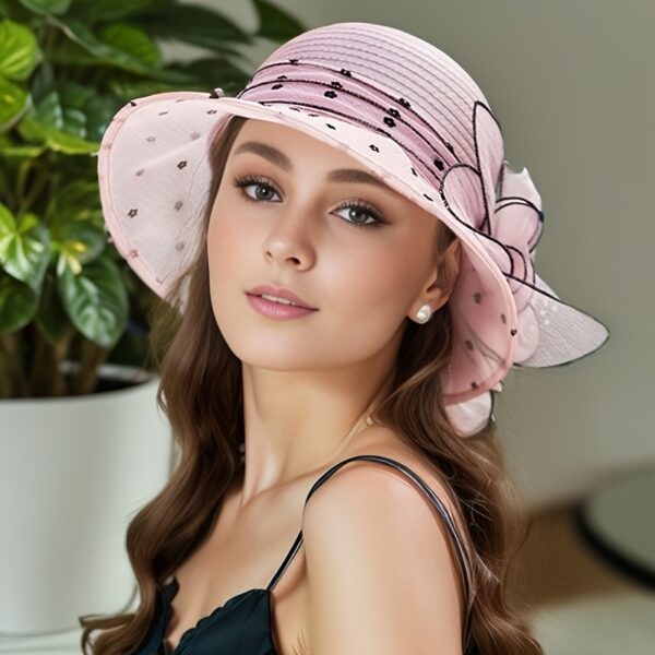 Ethereal Breeze Organza Bucket Hat: Breathable organza bucket hat in white with delicate lace trim and floral accents. Perfect for sun protection and effortless style.