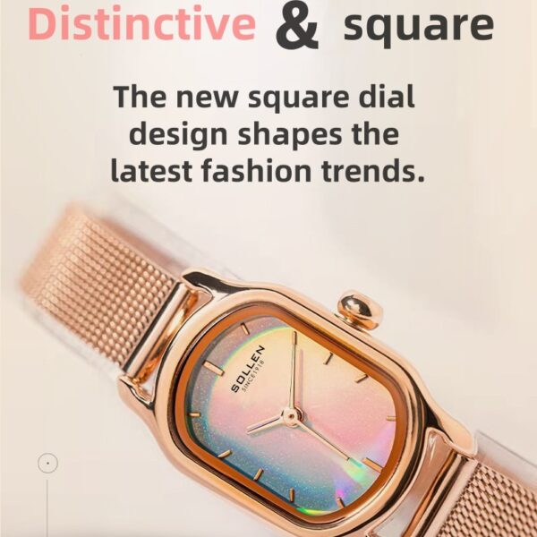 Close-up of Sangdo Women's Elegant Square Watch with blue-green dial, rose gold-toned stainless steel band, showcasing its minimalist design and delicate details.