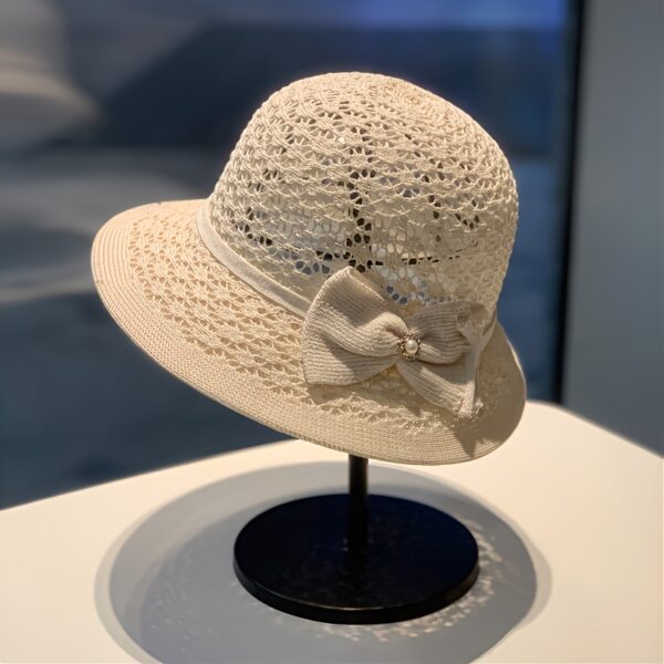 1pc Elegant Women's Breathable Straw Fisherman Hat with Decorative Bow - Lightweight Summer Travel Bucket Hat, Hollow Design, Polyester Material, Perfect for Outdoor Adventures and Valentine's Day, Fishing Hat