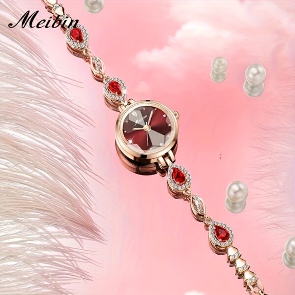 Close-up and lifestyle shots of the MeiBin M1708L women's quartz watch showcasing its round case, stainless steel band, and elegant design. The watch is shown on a model's wrist in various settings.