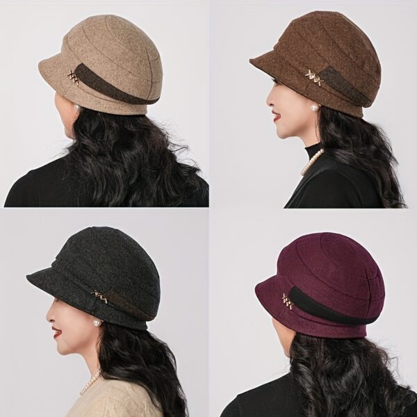Stylish woman wearing a chic Newness Parisian Acrylic Beret Hat, perfect for winter. The hat is warm, comfortable, and effortlessly stylish.