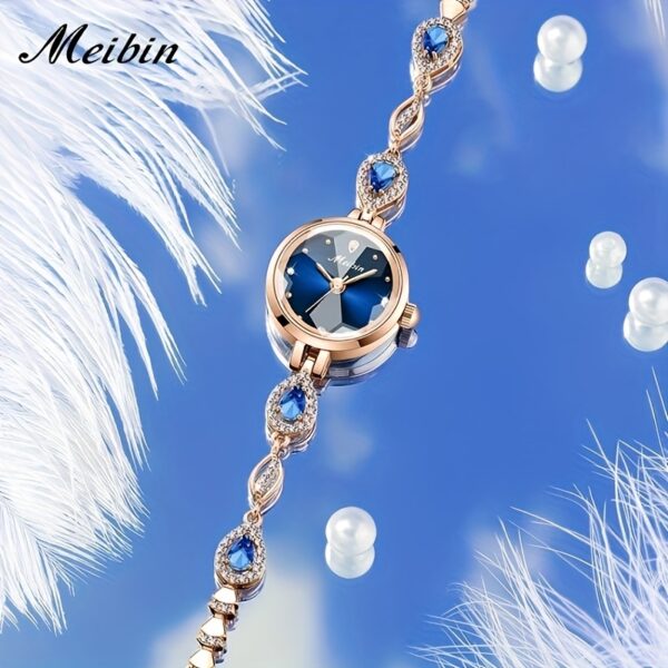 Close-up and lifestyle shots of the MeiBin M1708L women's quartz watch showcasing its round case, stainless steel band, and elegant design. The watch is shown on a model's wrist in various settings.
