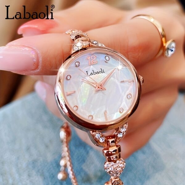 Labaoli Women's Wrist Watch LA062L: Close-up showcasing the rhinestone dial and steel strap of a fashionable quartz watch.