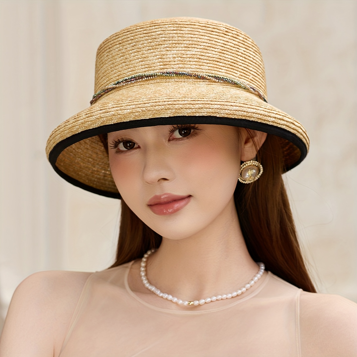 MAO GLOBAL Women'S Handwoven Wheat Straw Sun Hat with Black Ribbon Bow - Lightweight Breathable Wide Brim Bucket Hat for Beach Vacation, Outdoor Activities & Valentine'S Day, Vacation Hat, Beachwear Accessory, Decorative Bow Detail, Elegant Accessory