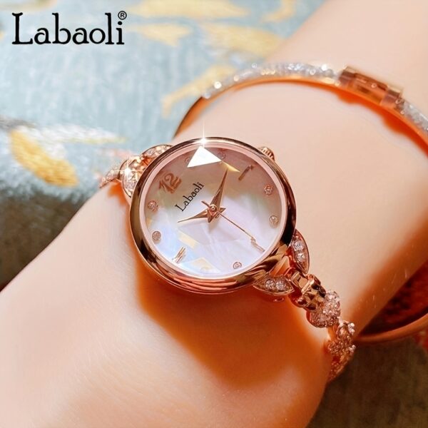 Labaoli Women's Wrist Watch LA062L: Close-up showcasing the rhinestone dial and steel strap of a fashionable quartz watch.