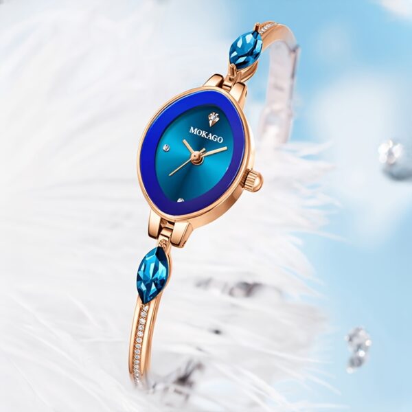 MKGO Women's Elegant Blue Quartz Watch with rose golden copper band and sparkling crystals