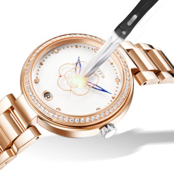Celestial Bloom Women's Automatic Watch showcasing floral details and intricate watch mechanism.