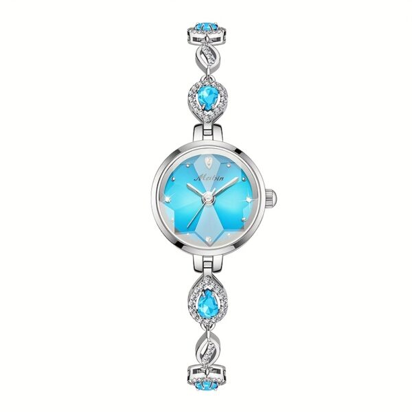 Close-up and lifestyle shots of the MeiBin M1708L women's quartz watch showcasing its round case, stainless steel band, and elegant design. The watch is shown on a model's wrist in various settings.