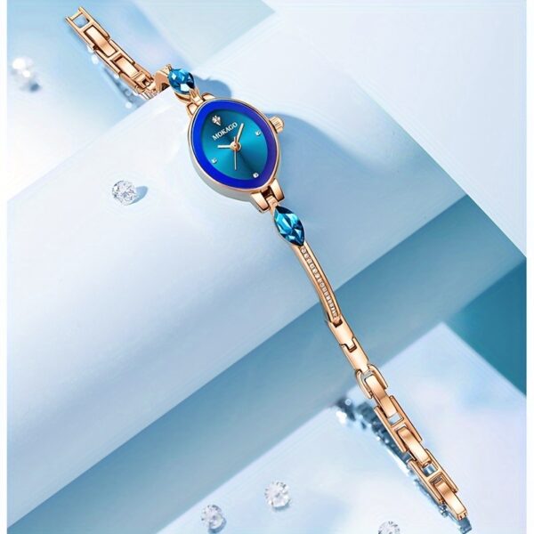MKGO Women's Elegant Blue Quartz Watch with rose golden copper band and sparkling crystals
