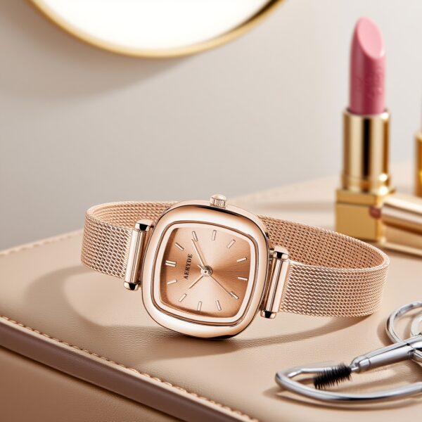 Rose Gold Square Quartz Watch by Newness. A minimalist, square-faced watch with a rose gold finish.