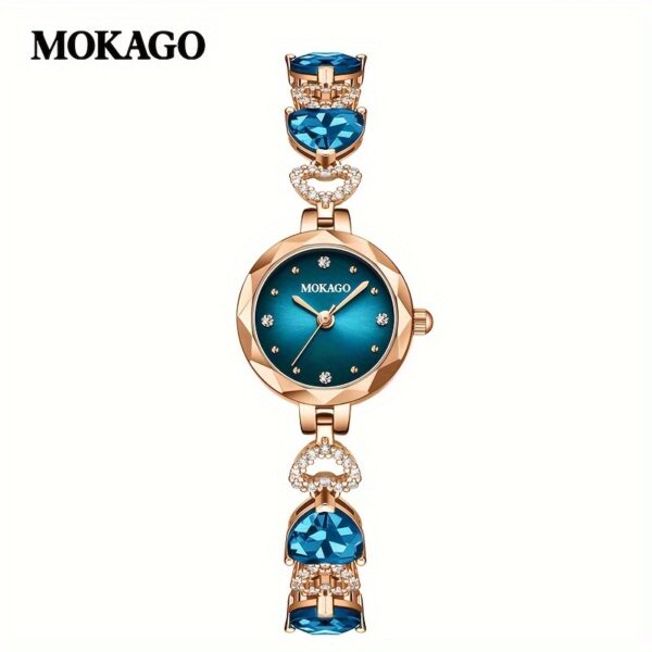 MKGO Blue Crystal Heart Watch for Women, close-up showcasing blue crystal heart bracelet and watch face details.