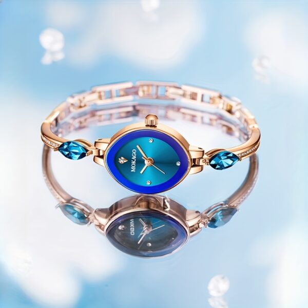 MKGO Women's Elegant Blue Quartz Watch with rose golden copper band and sparkling crystals