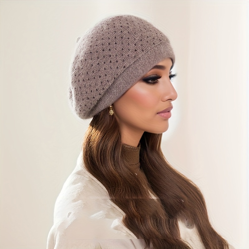 1pc Women'S Fashion Acrylic Beret with Floral Embellishment, Elastic Ear Warmer Knit Cap, Hand Washable, with Decorative Accessories, for Outdoor Activities, New Year, Christmas Gift