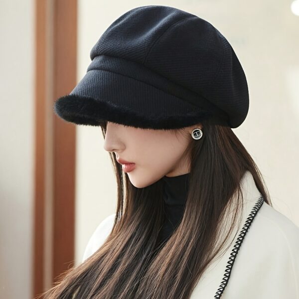Newness Parisian Octagonal Beret Hat in stylish pose, showcasing its unique octagonal shape and lightweight fabric. Perfect for spring and fall.