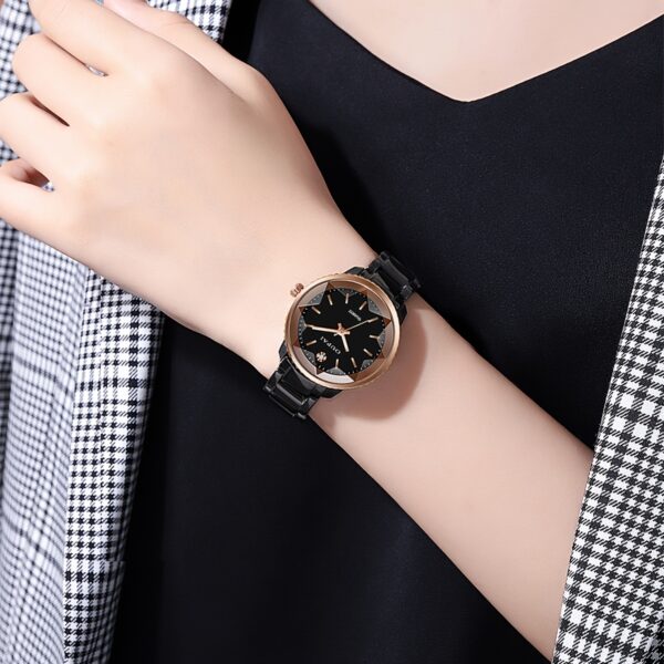 Midnight Bloom Ceramic Quartz Watch by Newness: A sophisticated ceramic watch with a sleek design, perfect for the modern woman.