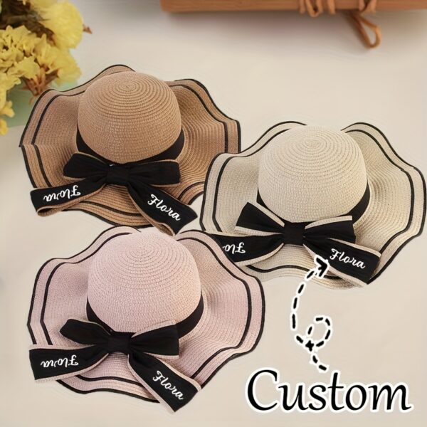 Customizable Wide Brim Panama Fedora Sun Hat with Black Bow & "Flora" Embroidery - Lightweight Straw Sunshade for Women & Men, Perfect for Beach, Travel, and Outdoor Activities, Beach Accessories