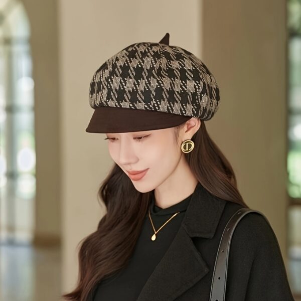 Classic plaid beret octagonal shape small brim elegant womens hat