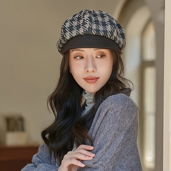 Elegant womens autumn winter beret in classic plaid design Small brim octagonal shape lightweight and comfortable Perfect for parties office or outings