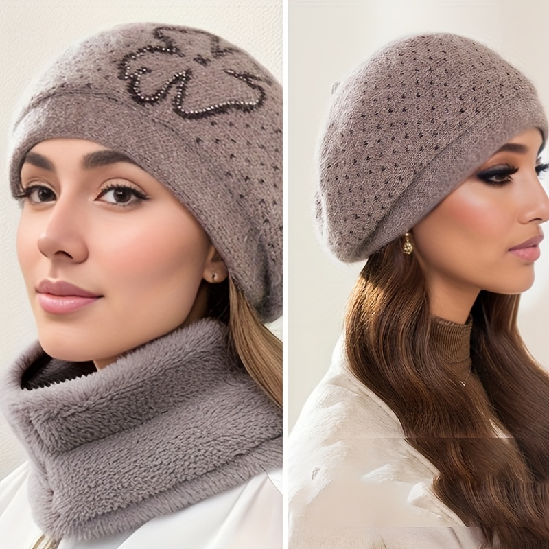 1pc Women'S Fashion Acrylic Beret with Floral Embellishment, Elastic Ear Warmer Knit Cap, Hand Washable, with Decorative Accessories, for Outdoor Activities, New Year, Christmas Gift
