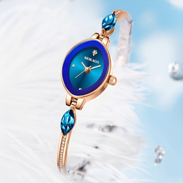 MKGO Women's Elegant Blue Quartz Watch with rose golden copper band and sparkling crystals