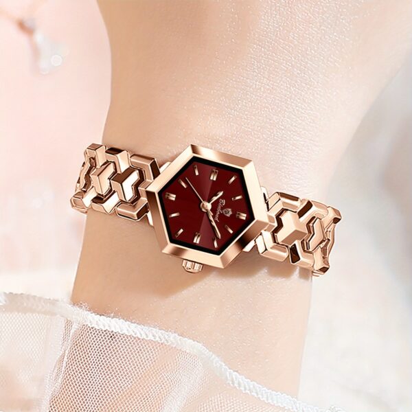 Newness Hexagonal Glamour Women's Quartz Watch: A close-up showcasing its hexagonal face and elegant design.