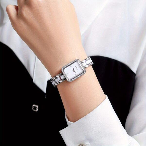 Celestial White Rectangular Ceramic Watch, showcasing its modern design and classic elegance. A sophisticated timepiece.