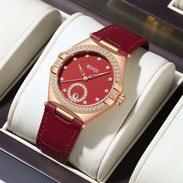Crimson Elegance Red Leather Watch by Newness, showcasing its red leather strap and elegant design.