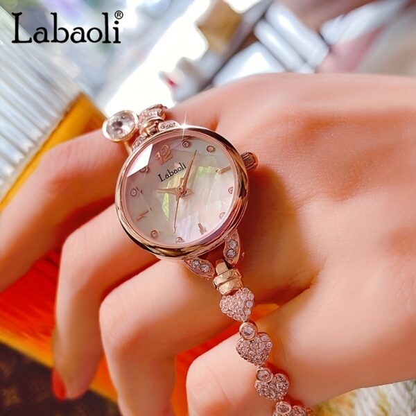 Labaoli Women's Wrist Watch LA062L: Close-up showcasing the rhinestone dial and steel strap of a fashionable quartz watch.