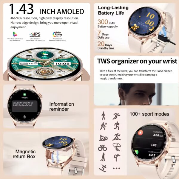 Newness Aura 2-in-1 Smartwatch with wireless earbuds; sleek design, advanced features.
