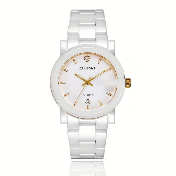 Close-up of the OUPAI Celestial White Ceramic Quartz Watch, showcasing its elegant design and white ceramic band.