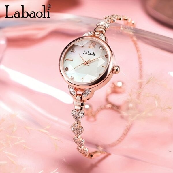 Labaoli Women's Wrist Watch LA062L: Close-up showcasing the rhinestone dial and steel strap of a fashionable quartz watch.