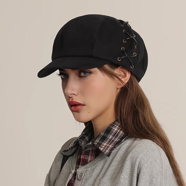 A stylish woman models a retro octagonal duckbill hat in three different colors beige black and brown The hat features a unique Japanese inspired design