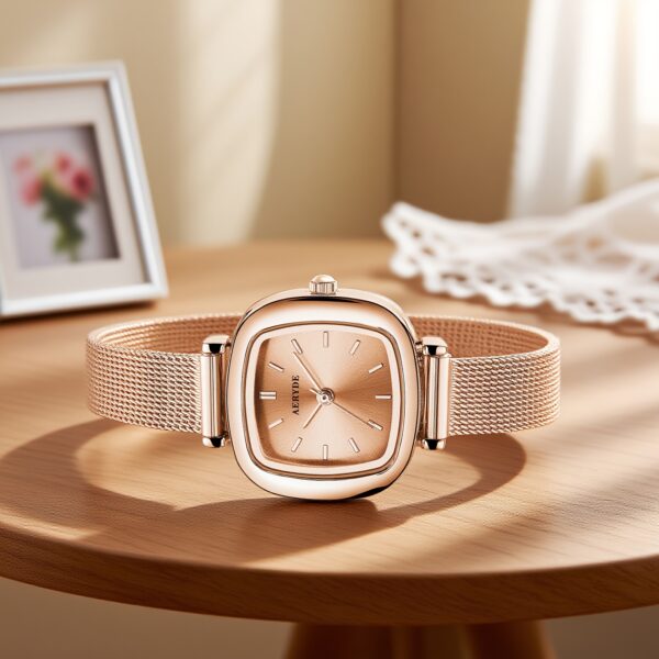 Rose Gold Square Quartz Watch by Newness. A minimalist, square-faced watch with a rose gold finish.