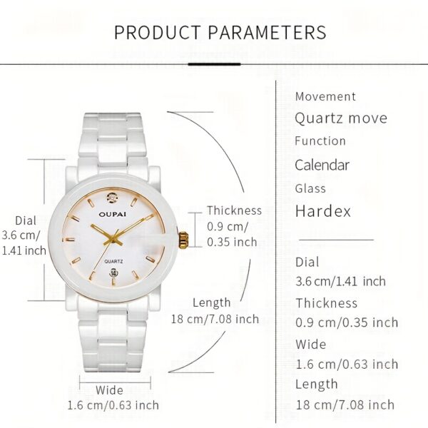 Close-up of the OUPAI Celestial White Ceramic Quartz Watch, showcasing its elegant design and white ceramic band.