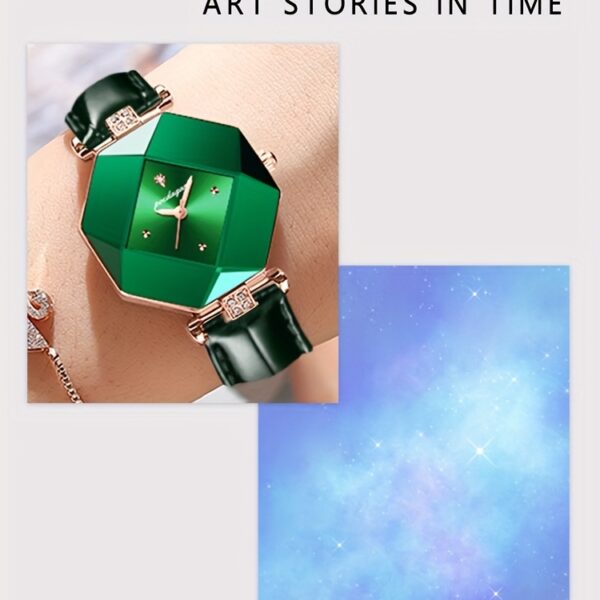 POEDAGAR Women's Elegant Quartz Watch, Vintage Style, Green Dial with Rose Golden Accents, PU Leather Strap