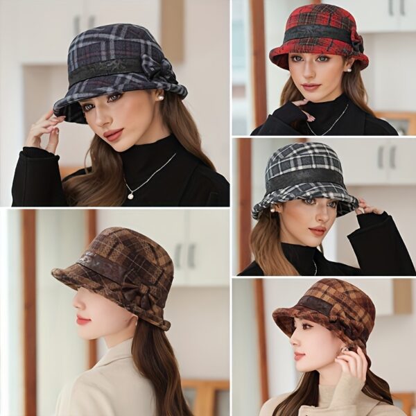 1pc Fisherman Hat with Rolled Edge, Plaid and Bow, Female Autumn and Winter, British Retro, Middle-aged and Elderly Mothers, Face-Slimming, Elegant and Versatile, Suitable for Indoor and Outdoor Travel, Shopping, Exercise, and Festivals