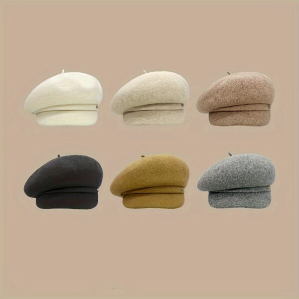A close up shot of a woman wearing a stylish wide brimmed beret in black showcasing its soft fabric and comfortable fit