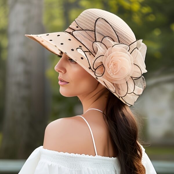 Ethereal Breeze Organza Bucket Hat: Breathable organza bucket hat in white with delicate lace trim and floral accents. Perfect for sun protection and effortless style.