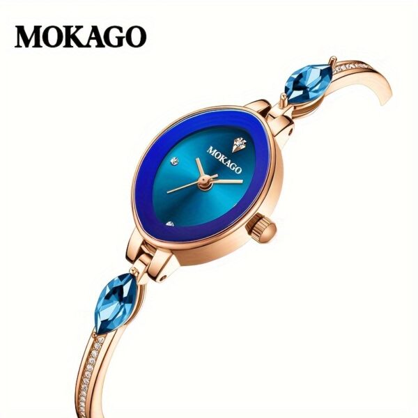 MKGO Women's Elegant Blue Quartz Watch with rose golden copper band and sparkling crystals