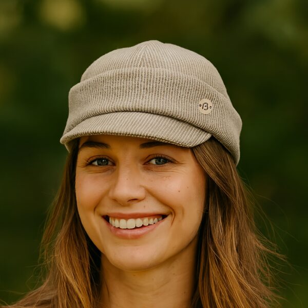 Stylish Newness Boulevard Newsboy Cap in winter setting. A close-up shows the texture and details of the warm, chic cap.