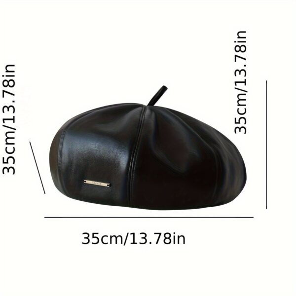 Close up of a womens brown PU leather beret hat with four strap closure showcasing its octagonal shape and texture